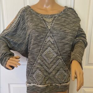 Vocal Gray Knit Top with Cutout Shoulders crystal embellishments